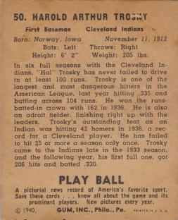 1940 Play Ball #50 Hal Trosky Back