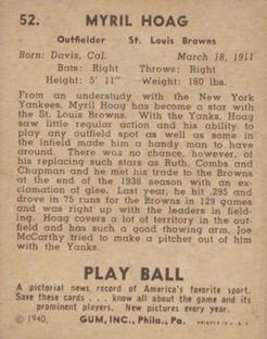 1940 Play Ball #52 Myril Hoag Back