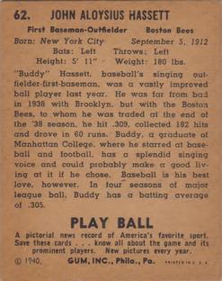 1940 Play Ball #62 Buddy Hassett Back