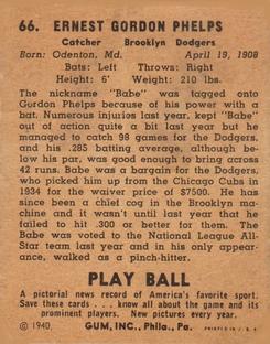 1940 Play Ball #66 Babe Phelps Back