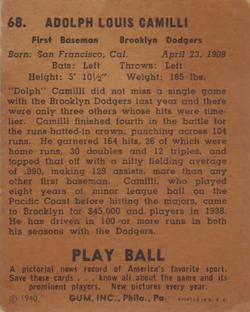 1940 Play Ball #68 Dolph Camilli Back