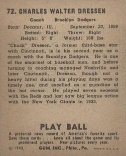 1940 Play Ball #72 Chuck Dressen Back