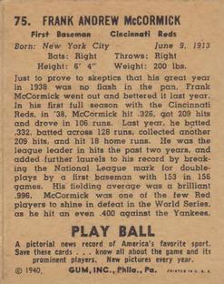 1940 Play Ball #75 Frank McCormick Back