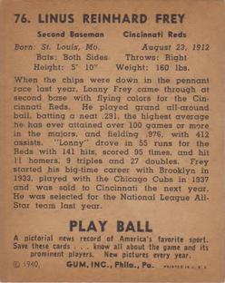 1940 Play Ball #76 Lonny Frey Back