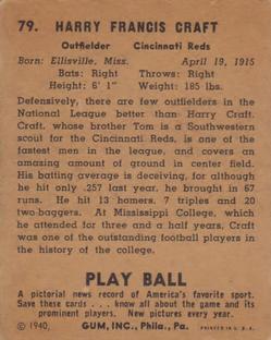 1940 Play Ball #79 Harry Craft Back