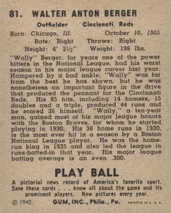 1940 Play Ball #81 Wally Berger Back