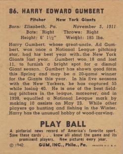 1940 Play Ball #86 Harry Gumbert Back