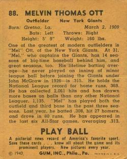 1940 Play Ball #88 Mel Ott Back