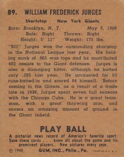 1940 Play Ball #89 Billy Jurges Back