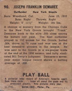 1940 Play Ball #90 Frank Demaree Back
