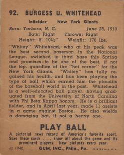 1940 Play Ball #92 Burgess Whitehead Back