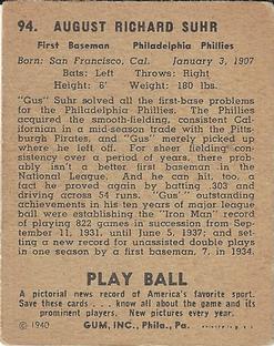 1940 Play Ball #94 Gus Suhr Back