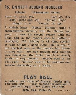 1940 Play Ball #96 Heinie Mueller Back