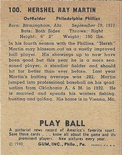 1940 Play Ball #100 Hersh Martin Back