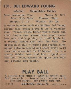 1940 Play Ball #101 Del Young Back