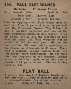 1940 Play Ball #104 Paul Waner Back