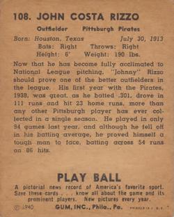 1940 Play Ball #108 Johnny Rizzo Back