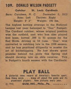 1940 Play Ball #109 Don Padgett Back