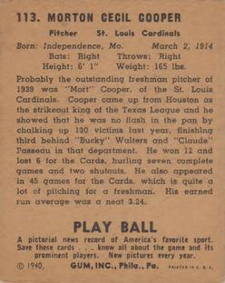 1940 Play Ball #113 Mort Cooper Back