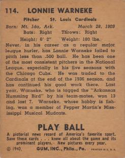 1940 Play Ball #114 Lon Warneke Back