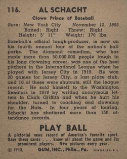 1940 Play Ball #116 Al Schacht Back