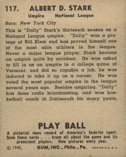 1940 Play Ball #117 Dolly Stark Back