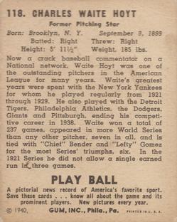 1940 Play Ball #118 Waite Hoyt Back