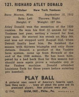 1940 Play Ball #121 Atley Donald Back
