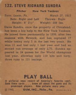 1940 Play Ball #122 Steve Sundra Back