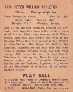 1940 Play Ball #128 Pete Appleton Back