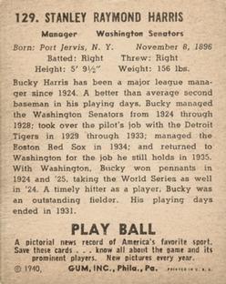 1940 Play Ball #129 Bucky Harris Back