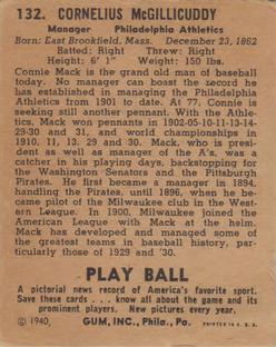 1940 Play Ball #132 Connie Mack Back