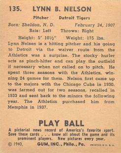 1940 Play Ball #135 Lynn Nelson Back