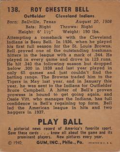 1940 Play Ball #138 Beau Bell Back