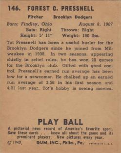 1940 Play Ball #146 Tot Pressnell Back