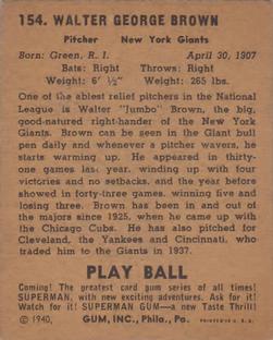 1940 Play Ball #154 Jumbo Brown Back