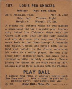 1940 Play Ball #157 Lou Chiozza Back