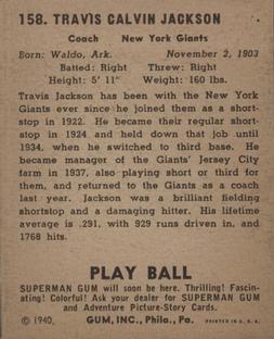 1940 Play Ball #158 Stonewall Jackson Back