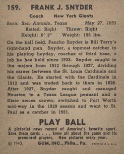 1940 Play Ball #159 Pancho Snyder Back