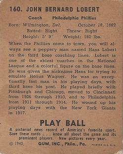 1940 Play Ball #160 Hans Lobert Back