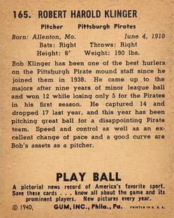 1940 Play Ball #165 Bob Klinger Back