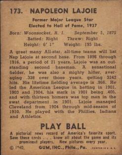 1940 Play Ball #173 Nap Lajoie Back
