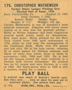 1940 Play Ball #175 Christy Mathewson Back
