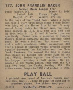 1940 Play Ball #177 Frank Baker Back