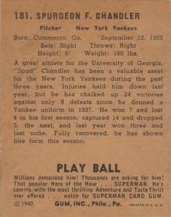 1940 Play Ball #181 Spud Chandler Back