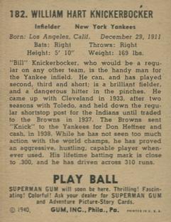 1940 Play Ball #182 Bill Knickerbocker Back