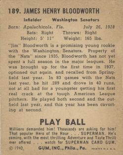 1940 Play Ball #189 Jimmy Bloodworth Back