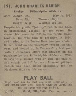 1940 Play Ball #191 Johnny Babich Back