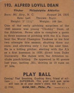 1940 Play Ball #193 Chubby Dean Back