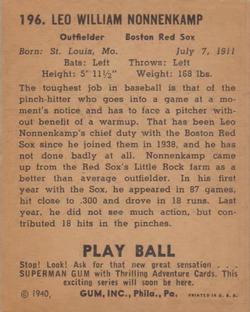 1940 Play Ball #196 Nonny Nonnenkamp Back